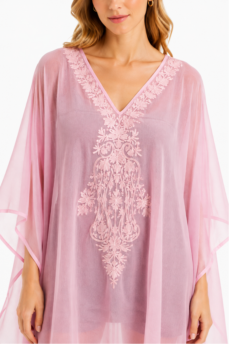 Blush Pink Floral Embroidered Kaftaan with V-Neck Detailing